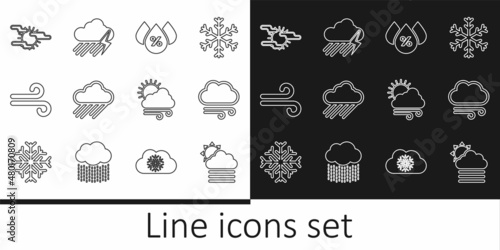 Set line Fog and cloud with sun  Windy weather  Water drop percentage  Cloud rain  and lightning icon. Vector