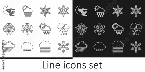 Set line Snowflake, Cloud with rain and lightning, Fog moon, snow sun and icon. Vector