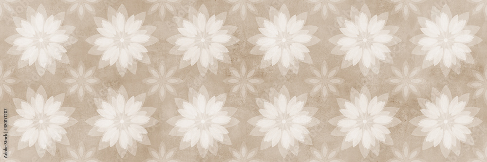 White flowers pattern with belge cement texture background
