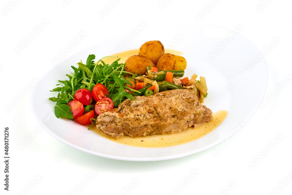 Stewed meat with vegetables and baked potatoes, hotpot, isolated on white background. Stewed meat with vegetables and baked potatoes, hotpot, isolated on white background.