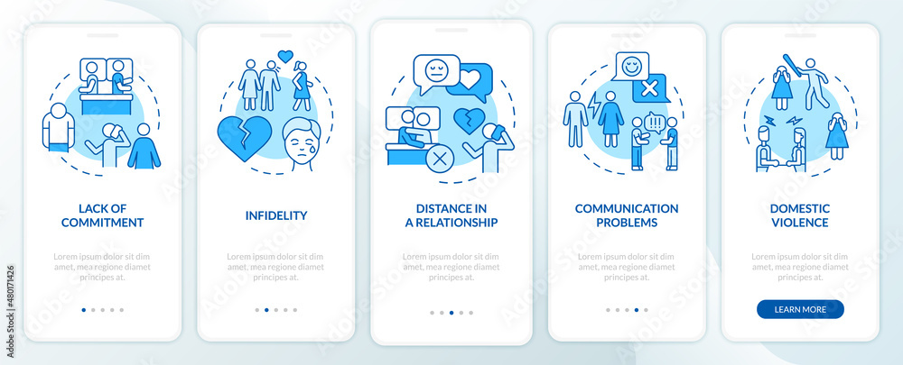 Reasons for divorce blue onboarding mobile app screen. Separation causes walkthrough 5 steps graphic instructions pages with linear concepts. UI, UX, GUI template. Myriad Pro-Bold, Regular fonts used