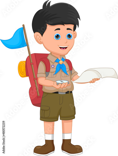 cartoon boy scout holding map and compass