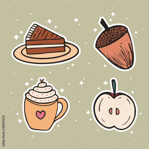 food stickers collection  isolated elements  apple  coffee  cake and pinecone. planner  diary  decor  stationery. vector illustration