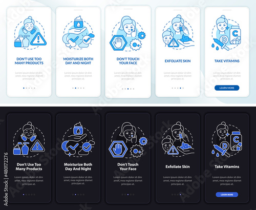 Skincare tips night and day mode onboarding mobile app screen. Skin walkthrough 5 steps graphic instructions pages with linear concepts. UI, UX, GUI template. Myriad Pro-Bold, Regular fonts used