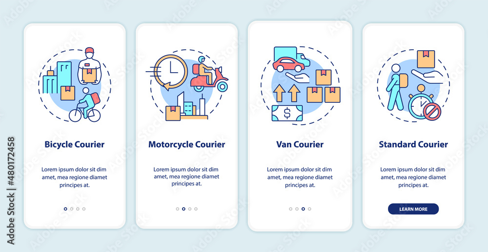 Courier business onboarding mobile app screen. Delivery service walkthrough 4 steps graphic instructions pages with linear concepts. UI, UX, GUI template. Myriad Pro-Bold, Regular fonts used