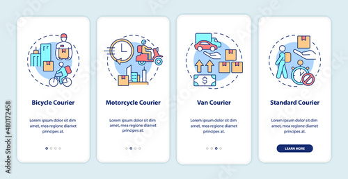 Courier business onboarding mobile app screen. Delivery service walkthrough 4 steps graphic instructions pages with linear concepts. UI, UX, GUI template. Myriad Pro-Bold, Regular fonts used