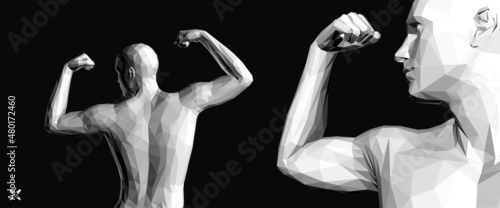 Champion raising both hands in the air as a true winner. Victory and freedom. Strong man raising hands up. Sport symbol. Leadership or workout bodybuilding concept. Vector illustration.