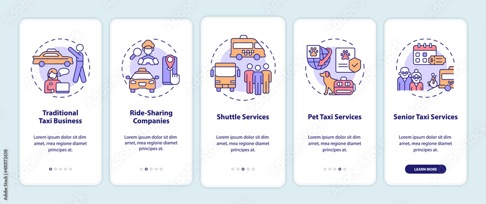 Taxi business types onboarding mobile app screen. Shipment walkthrough 5 steps graphic instructions pages with linear concepts. UI, UX, GUI template. Myriad Pro-Bold, Regular fonts used