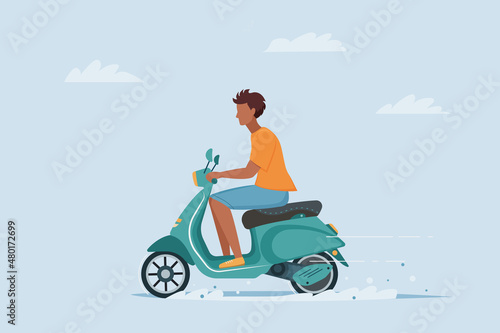 Young tanned man is enjoying ride on vintage scooter. Vector flat illustration in cartoon style