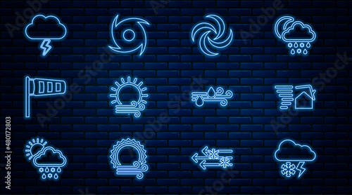 Set line Cloud with snow and lightning, Tornado swirl, Wind sun, Cone meteorology windsock wind vane, Storm, rain and icon. Vector
