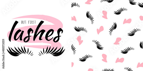Eyelashes beauty poster and seamless pattern collection lash artist print doodle abstract drawing graphic template