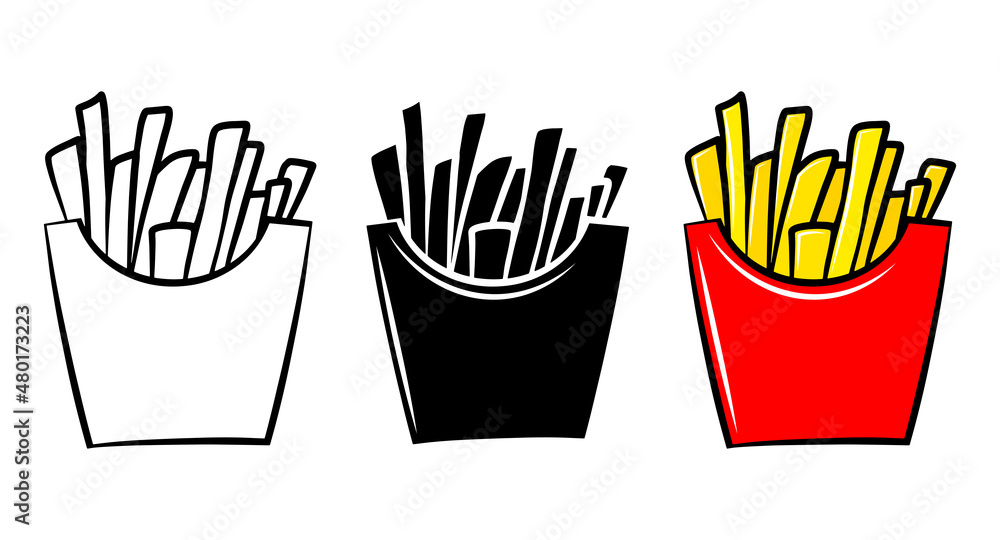 French fries isolated vector icon. Fast food cartoon outline sketch set. Package logo design element. Street unhealthy food. Tasty meal print. Simple emblem template. Graphic monochrome menu symbol. French fries isolated vector icon. Fast food cartoon outline sketch set. Package logo design element. Street unhealthy food. Tasty meal print. Simple emblem template. Graphic monochrome menu symbol.