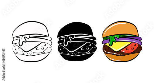 Burger isolated vector icon. Fast food cartoon outline sketch set. Package logo design element. Street unhealthy food. Tasty meal print. Simple emblem template. Graphic monochrome symbol. Menu sign.