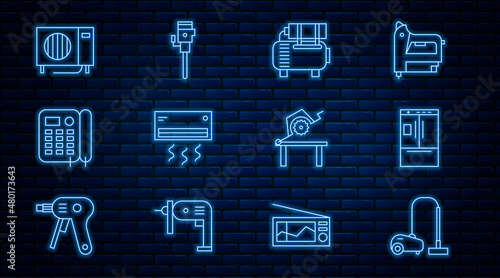 Set line Vacuum cleaner, Refrigerator, Air compressor, conditioner, Telephone, Table saw for woodwork and Construction jackhammer icon. Vector
