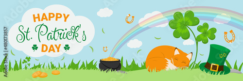 Happy Saint Patrick's Day banner with clover leaves, cute slipping red fox, leprechaun hat, pot of gold coins and rainbow. Irish holiday concept with spring landscape. Flat design vector illustration
