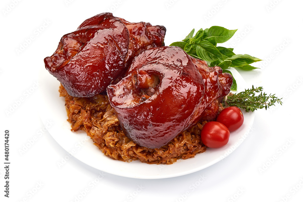 Roasted ham hock with sauerkraut, isolated on white background. Roasted ham hock with sauerkraut, isolated on white background.