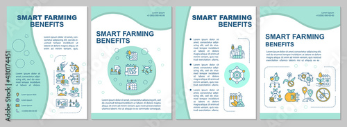 Smart farming advantages mint brochure template. Agriculture. Booklet print design with linear icons. Vector layouts for presentation, annual reports, ads. Arial, Myriad Pro-Regular fonts used