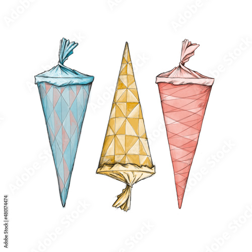 Drei verschiedene Schultüten auf weißem Hintergrund