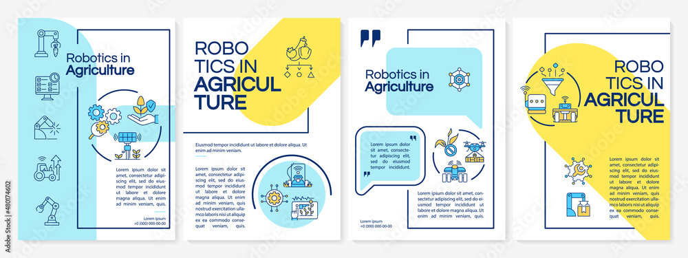 Emerging innovations in agriculture blue and yellow brochure template. Booklet print design with linear icons. Vector layouts for presentation, annual reports, ads. Questrial, Lato-Regular fonts used