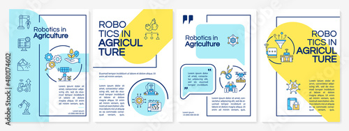 Emerging innovations in agriculture blue and yellow brochure template. Booklet print design with linear icons. Vector layouts for presentation, annual reports, ads. Questrial, Lato-Regular fonts used