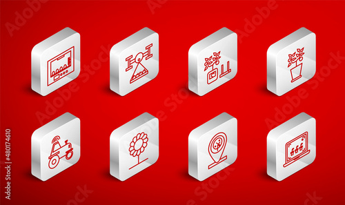 Set line Smart farming technology, with drone, Plant pot, Location and tree, Incubator for eggs, Flower and Wireless tractor smart icon. Vector