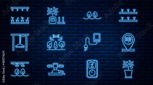 Set line Plant in pot, Location and tree, Smart farm with drone, Automatic irrigation sprinklers, Sensor and farming technology icon. Vector