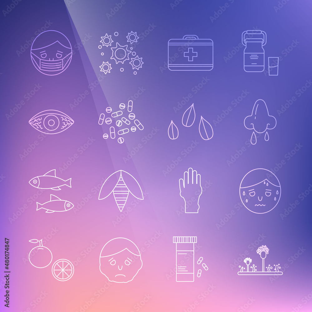 Set line Mold, Man with excessive sweating, Runny nose, First aid kit, Medicine pill or tablet, Reddish eye allergic conjunctivitis, Face protective mask and Sesame seeds icon. Vector Set line Mold, Man with excessive sweating, Runny nose, First aid kit, Medicine pill or tablet, Reddish eye allergic conjunctivitis, Face protective mask and Sesame seeds icon. Vector