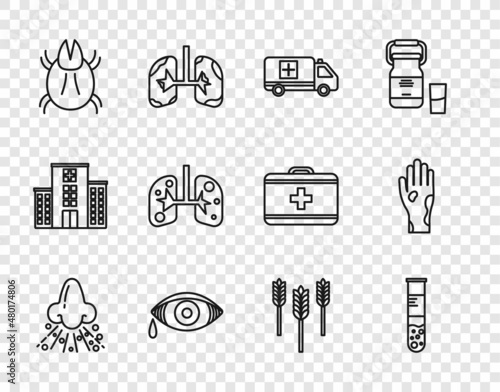 Set line Runny nose, Test tube and flask, Emergency car, Reddish eye allergic conjunctivitis, Parasite mite, Lungs, Wheat and Hand with psoriasis or eczema icon. Vector