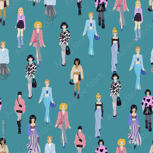 Seamless pattern. Women in trendy clothes. Fashion illustration.