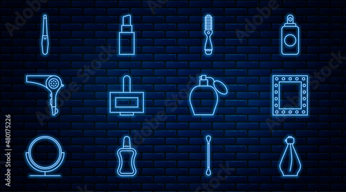 Set line Perfume, Makeup mirror with lights, Hairbrush, Nail polish bottle, dryer, file, and Lipstick icon. Vector