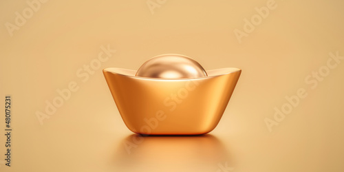 Chinese gold ingot or golden yuan bao money oriental currency of traditional china new year festival fortune symbol and celebration prosperity premium treasure on luxury background with shiny coins. photo