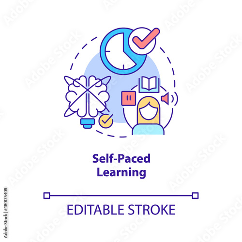 Self paced learning concept icon. Own time and schedule. Electronic learning abstract idea thin line illustration. Isolated outline drawing. Editable stroke. Roboto-Medium, Myriad Pro-Bold fonts used