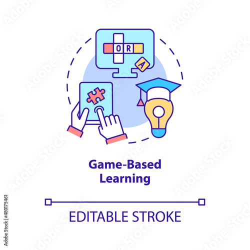 Game based learning concept icon. Engagement and motivation. Elearning abstract idea thin line illustration. Isolated outline drawing. Editable stroke. Roboto-Medium, Myriad Pro-Bold fonts used