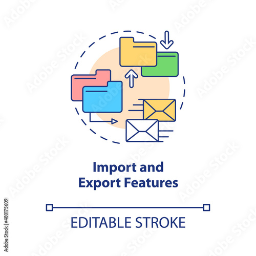 Import and export features concept icon. Elearning platform abstract idea thin line illustration. Isolated outline drawing. Editable stroke. Roboto-Medium, Myriad Pro-Bold fonts used