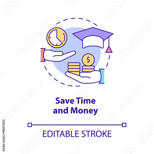 Save time and money concept icon. Advantages of elearning abstract idea thin line illustration. Isolated outline drawing. Editable stroke. Roboto-Medium, Myriad Pro-Bold fonts used