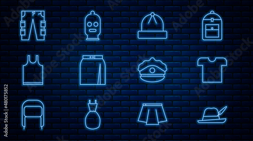 Set line Oktoberfest hat, T-shirt, Winter, Skirt, Sleeveless, Cargo pants, Police cap with cockade and Balaclava icon. Vector