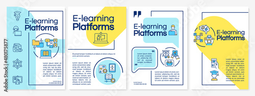 Elearning platforms blue and yellow brochure template. Booklet print design with linear icons. Vector layouts for presentation, annual reports, ads. Questrial, Lato-Regular fonts used