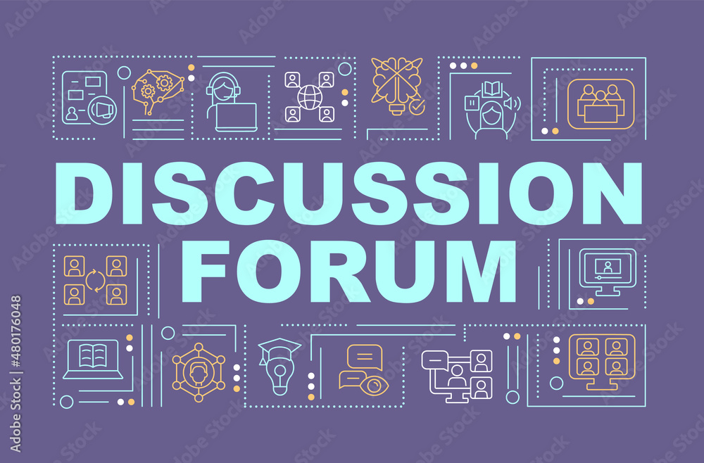 Discussion forum word concepts dark blue banner. Elearning. Infographics with linear icons on background. Isolated typography. Vector color illustration with text. Arial-Black font used