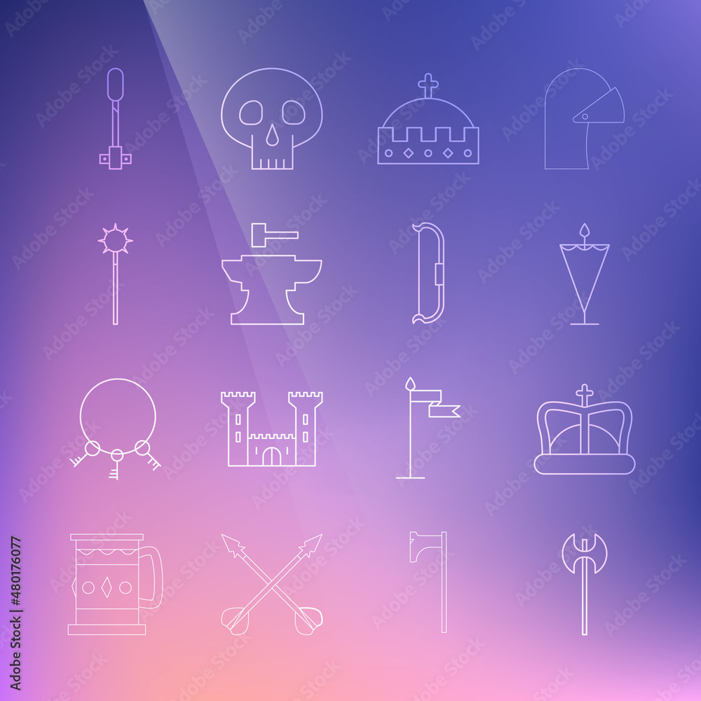 Set line Medieval axe, King crown, flag, Anvil for blacksmithing hammer, chained mace ball, Torch flame and bow icon. Vector Set line Medieval axe, King crown, flag, Anvil for blacksmithing hammer, chained mace ball, Torch flame and bow icon. Vector