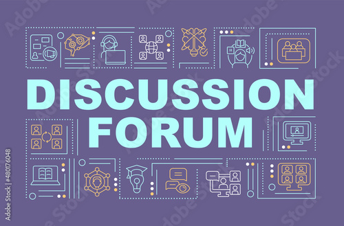 Discussion forum word concepts dark blue banner. Elearning. Infographics with linear icons on background. Isolated typography. Vector color illustration with text. Arial-Black font used