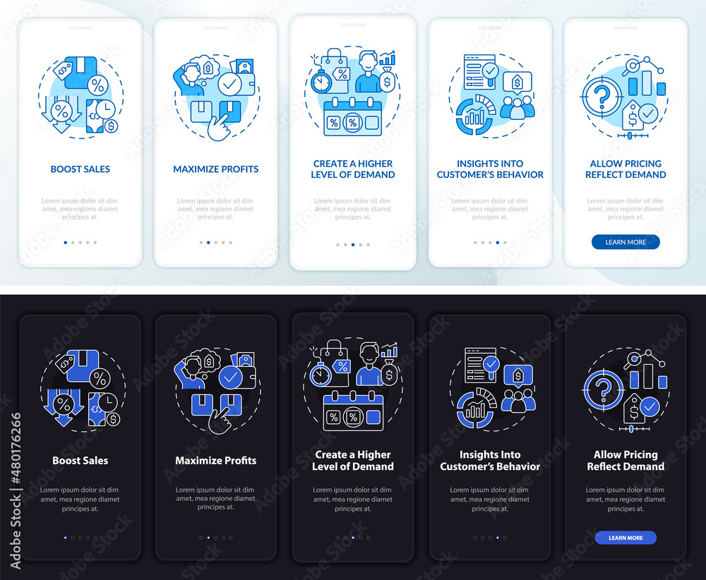Dynamic pricing pros night and day mode onboarding mobile app screen. Walkthrough 5 steps graphic instructions pages with linear concepts. UI, UX, GUI template. Myriad Pro-Bold, Regular fonts used