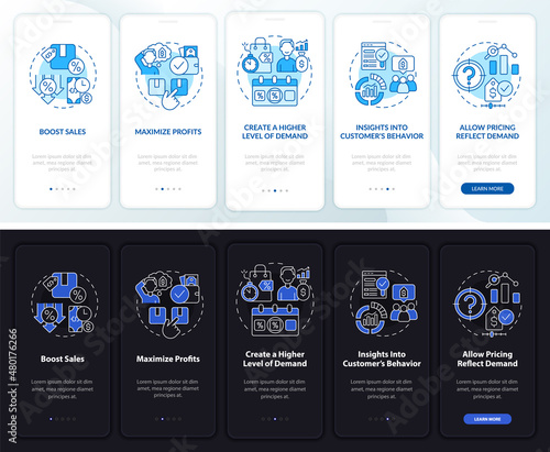 Dynamic pricing pros night and day mode onboarding mobile app screen. Walkthrough 5 steps graphic instructions pages with linear concepts. UI, UX, GUI template. Myriad Pro-Bold, Regular fonts used