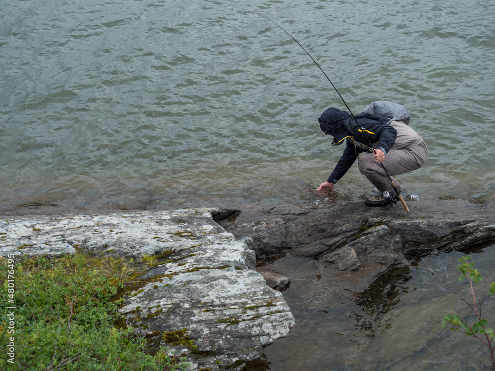 Man fisherman angler on lake shore fly fishing and caught trout or char fish in Gieddavrre lake in Sweden Lapland on Padjelantaleden hiking trail. Man fisherman angler on lake shore fly fishing and caught trout or char fish in Gieddavrre lake in Sweden Lapland on Padjelantaleden hiking trail.