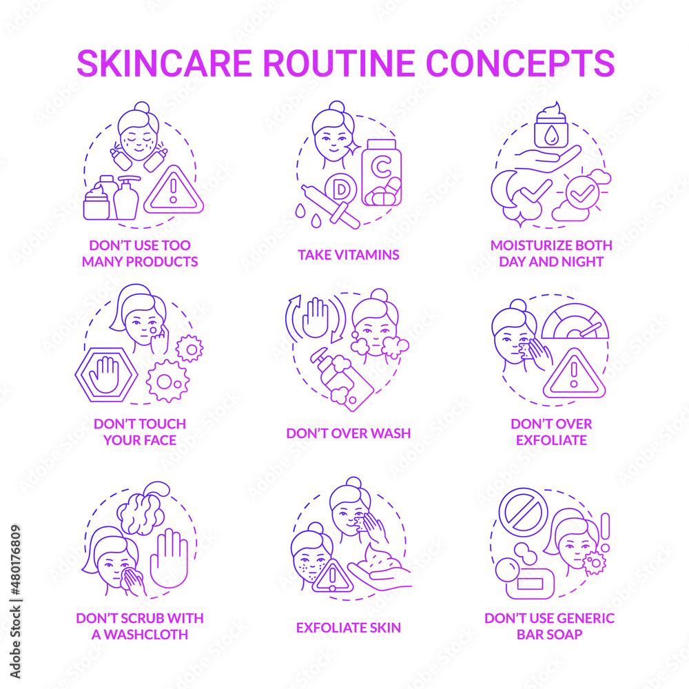 Skincare routine purple gradient concept icons set. Cosmetological procedures for face idea thin line color illustrations. Isolated outline drawings. Roboto-Medium, Myriad Pro-Bold fonts used Skincare routine purple gradient concept icons set. Cosmetological procedures for face idea thin line color illustrations. Isolated outline drawings. Roboto-Medium, Myriad Pro-Bold fonts used