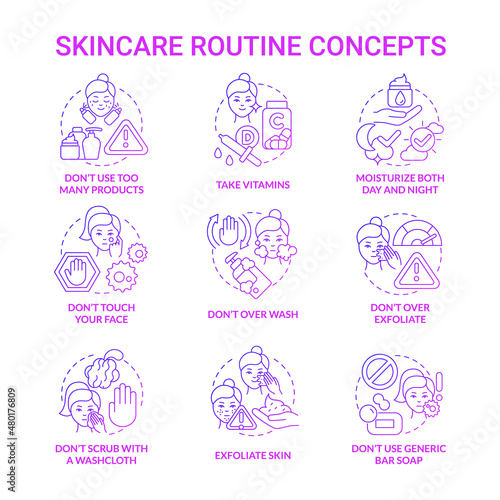 Skincare routine purple gradient concept icons set. Cosmetological procedures for face idea thin line color illustrations. Isolated outline drawings. Roboto-Medium, Myriad Pro-Bold fonts used