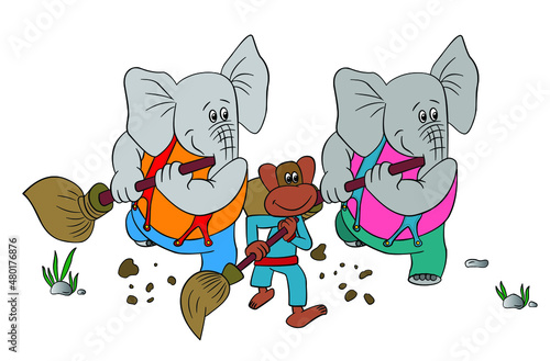 Elephants with monkey sweeping trash, childish picture, cartoon isolated on white background