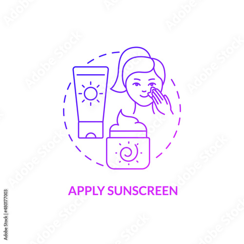 Apply sunscreen purple gradient concept icon. Protect skin from ultraviolet. Summer skincare abstract idea thin line illustration. Isolated outline drawing. Roboto-Medium, Myriad Pro-Bold fonts used