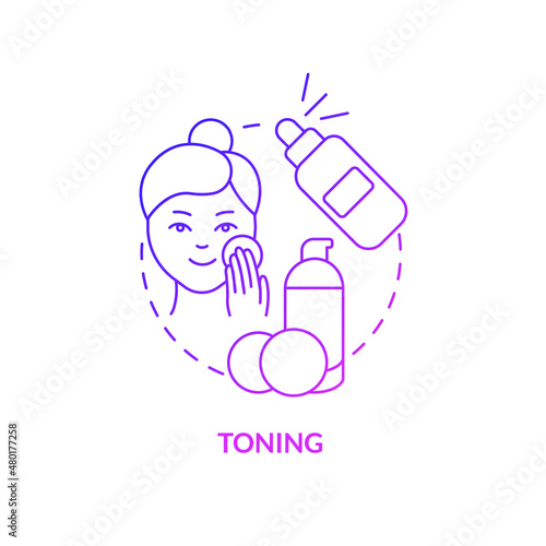 Toning purple gradient concept icon. Everyday procedure. Skincare routine step abstract idea thin line illustration. Isolated outline drawing. Roboto-Medium, Myriad Pro-Bold fonts used