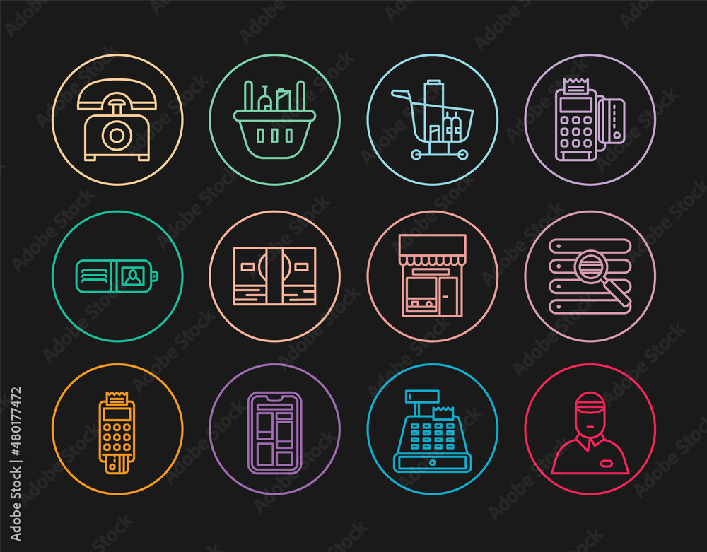 Set line Seller, Search in a browser window, Shopping cart and food, Stacks paper money cash, Wallet, Telephone, building or market store and basket icon. Vector Set line Seller, Search in a browser window, Shopping cart and food, Stacks paper money cash, Wallet, Telephone, building or market store and basket icon. Vector