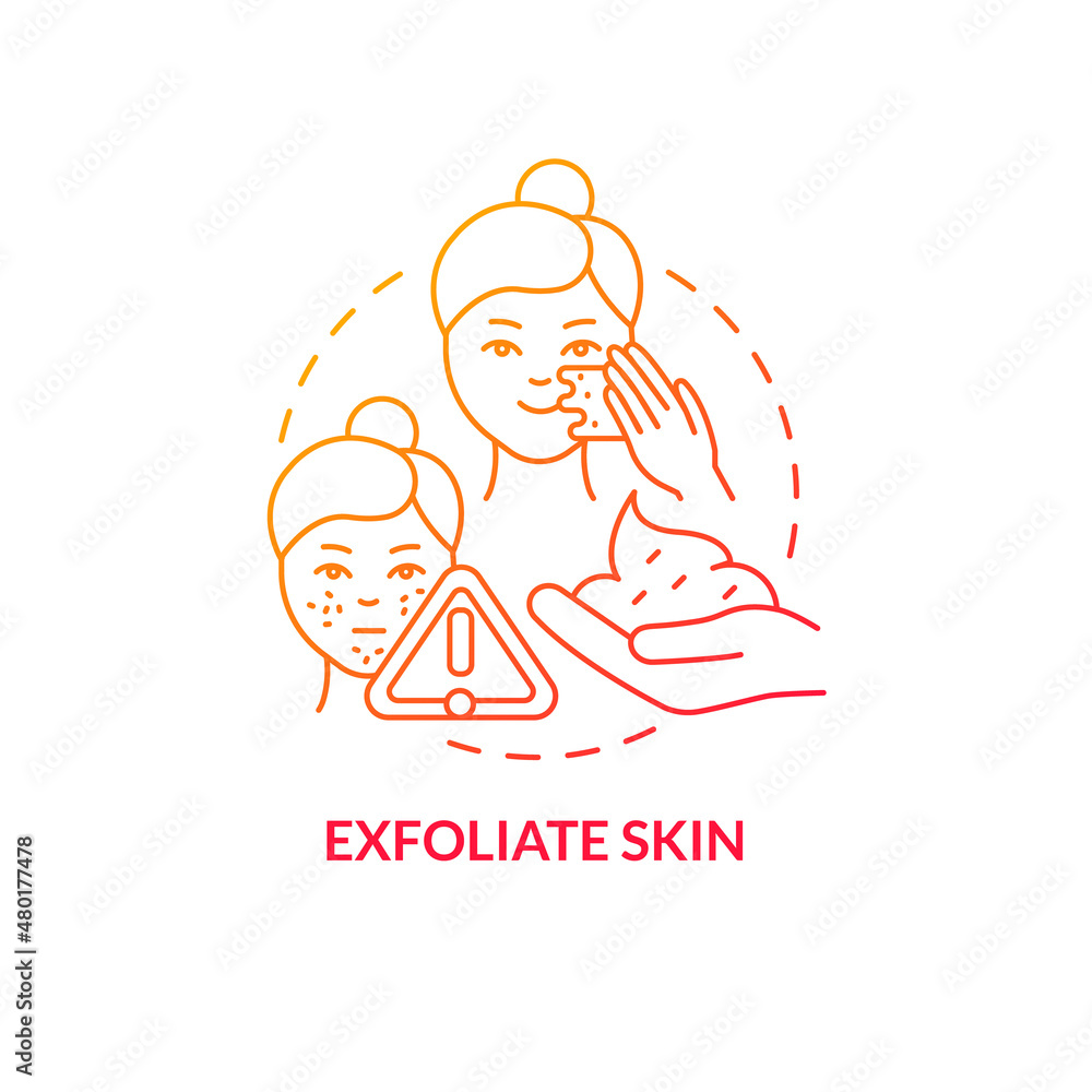 Exfoliate skin red gradient concept icon. Beauty and health procedure. Skincare routine tip abstract idea thin line illustration. Isolated outline drawing. Roboto-Medium, Myriad Pro-Bold fonts used